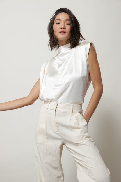 SATIN MOCK NECK BLOUSE IVORY