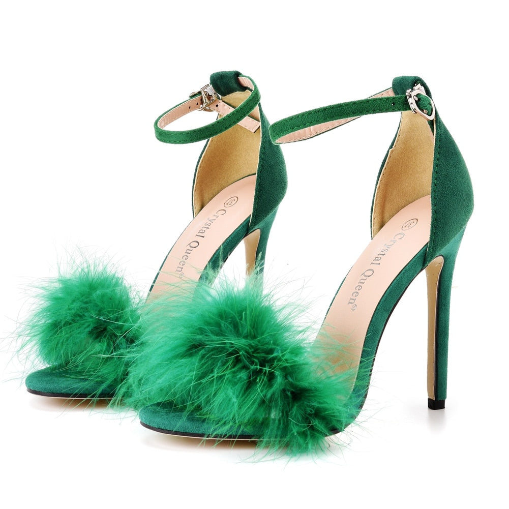 Fluffy Peep Toe Stilettos with Fur Feather