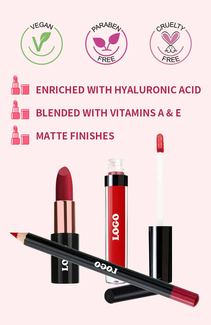 Private Label White Matte Lipstick & Lipliner pencil & Lip Gloss 3 Sets Kit Custom Logo Makeup Wholesale Cosmetics Full Set